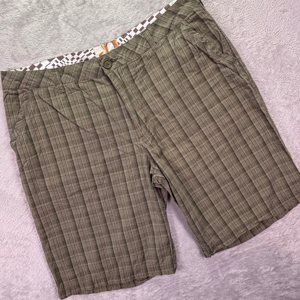 Vtg OP Mens Shorts Sz 38 Brown Plaid Flat Front Cotton Casual Surf Skate Summer